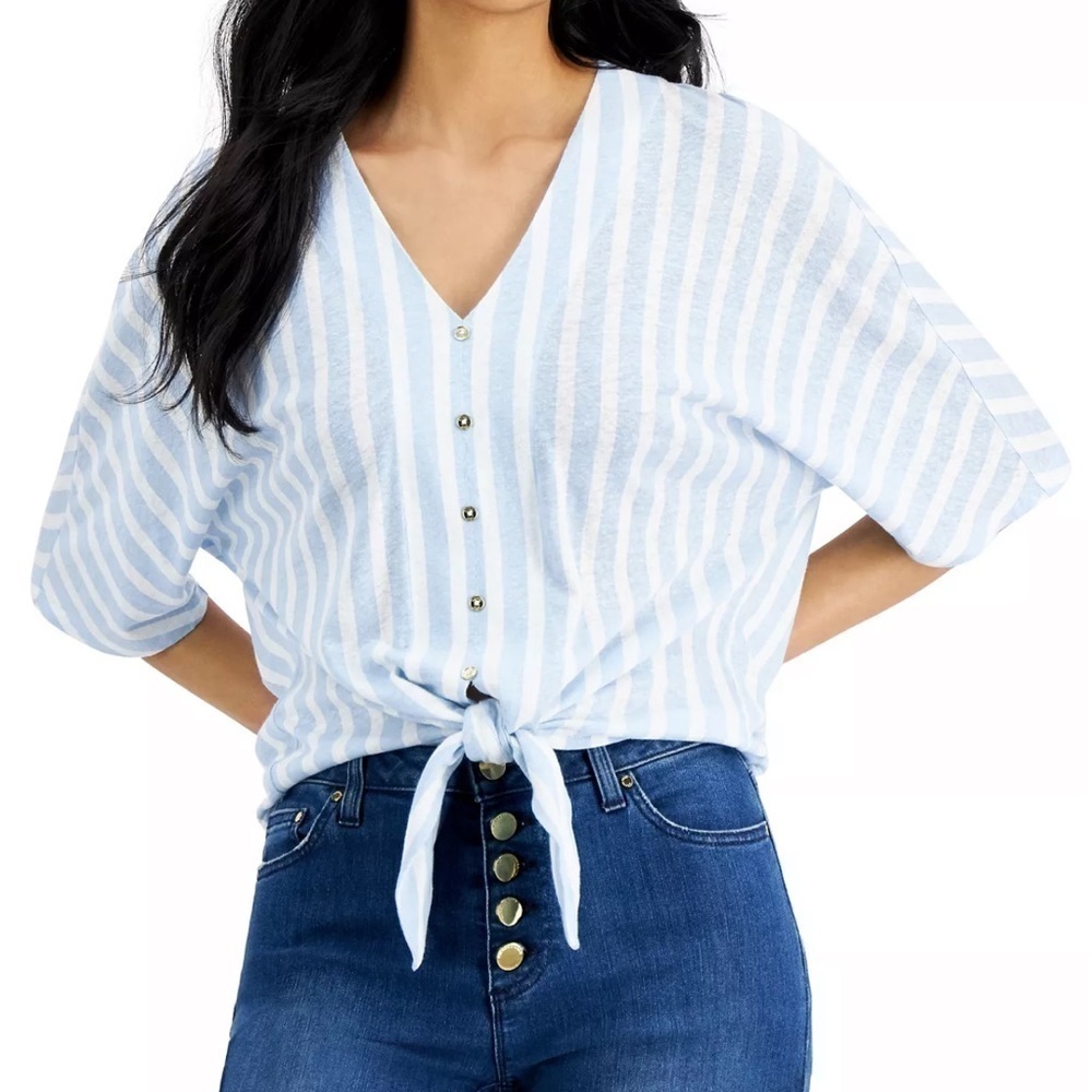 Michael Kors Striped Tie-Front Top Baby Blue and White Size 2X